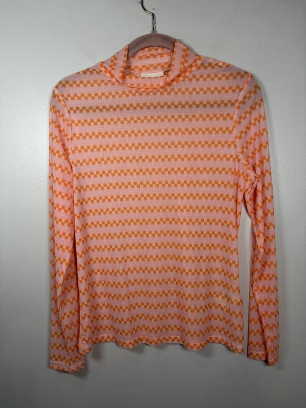 Maeve Mesh Mock Neck Top Size Large Geometric Orange Sheer Layer Shirt